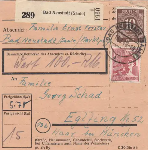 Carte de paquet 1948: Bad Neustadt d'après Eglfing, carte 100 RM