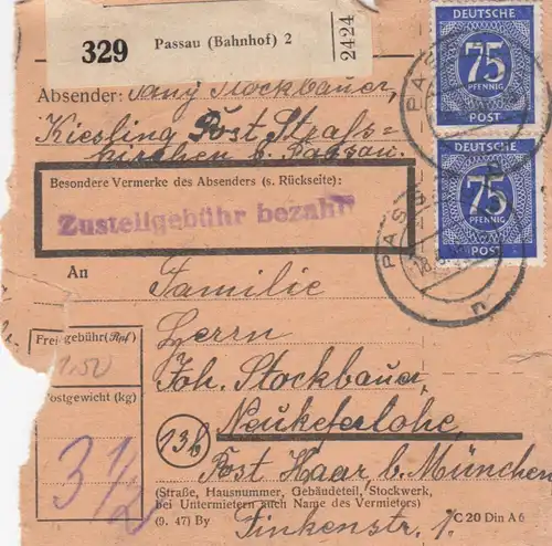 Carte de paquet 1948: Passau Kiesling vers Neukeferloh