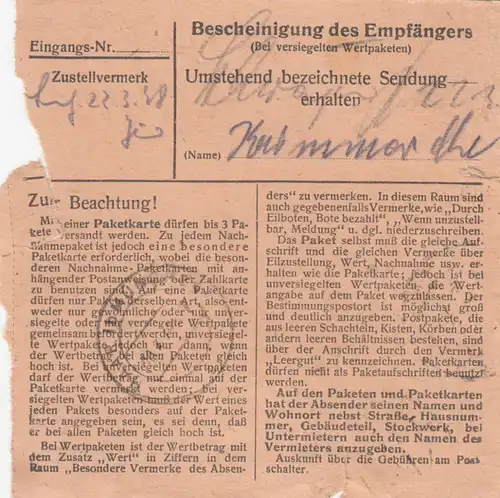 Paketkarte 1948: Passau Kiesling nach Neukeferloh