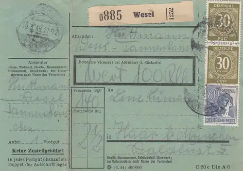 Paketkarte 1948: Wesel Tannenhäuschen nach Haar, Wertkarte, bes. Formular