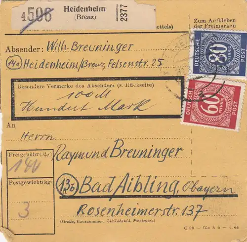 Carte de paquet 1948: Heidenheim-Brenz d'après Bad Aibling, carte de valeur