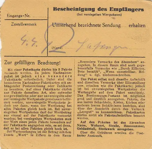 Paketkarte 1948: Heidenheim-Brenz nach Bad Aibling, Wertkarte