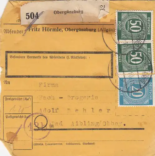Paketkarte 1947: Obergünzburg nach Bad Aibling, Selbstbucher