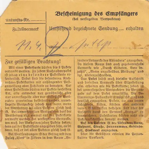 Carte de paquet 1947: Obergünzburg vers Bad Aibling, Auto-booker