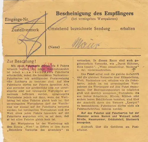 Carte de paquet 1948: Wiesloch d'après Bad Aibling