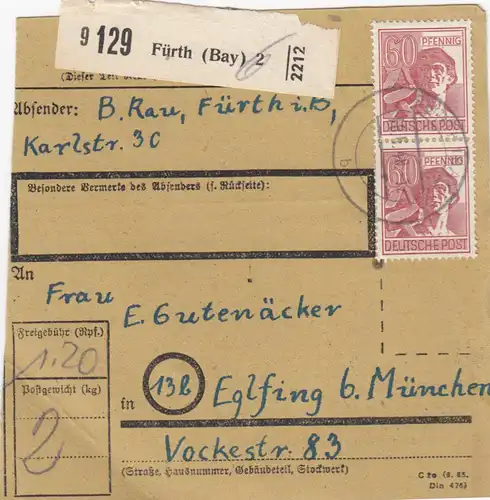 Carte de paquet 1948: Fürth vers Eglfing b. Munich