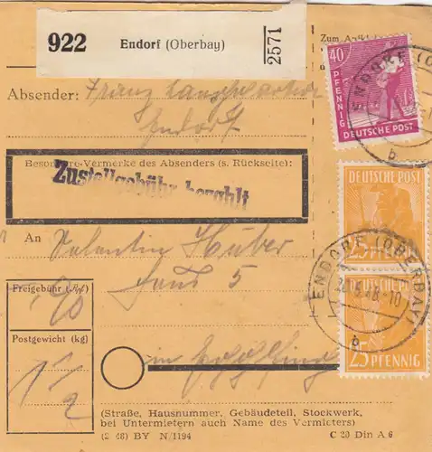 Paketkarte 1948: Endorf Oberbay. nach Eglfing