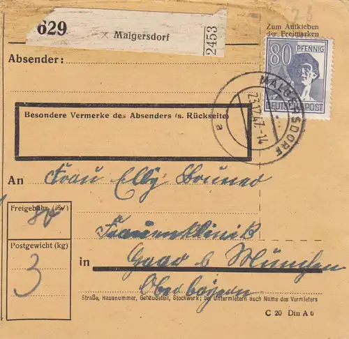 Paketkarte 1947: Maigersdorf nach Haar, Frauenklinik