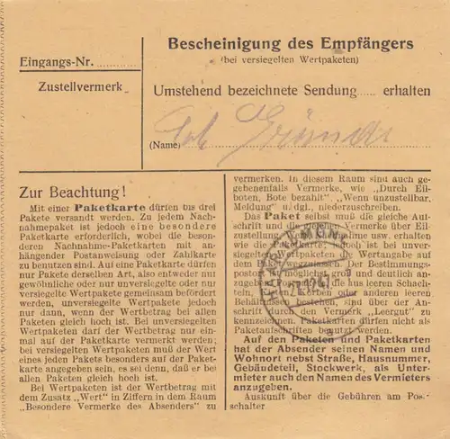 Paketkarte 1947: Maigersdorf nach Haar, Frauenklinik