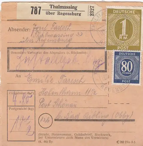 Paketkarte: Thalmassing über Regensburg nach Bad Aibling