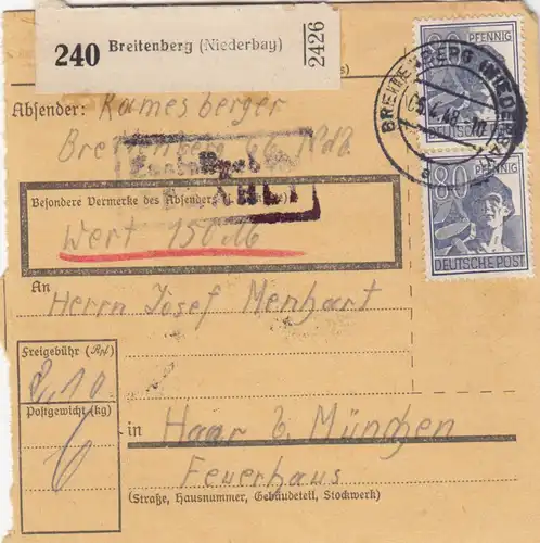 Paketkarte 1948: Breitenberg nach Haar, Wertkarte