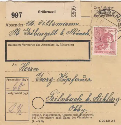 Paketkarte 1947: Gröbenzell nach Feilnbach
