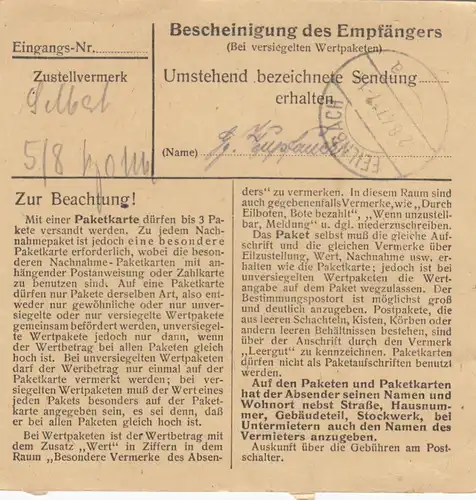 Paketkarte 1947: Gröbenzell nach Feilnbach