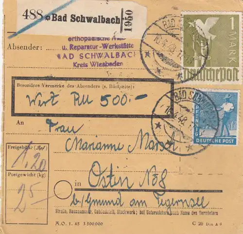 Carte de paquet 1948: Bad Schwalbach vers Ostin b. Gmund, carte de valeur