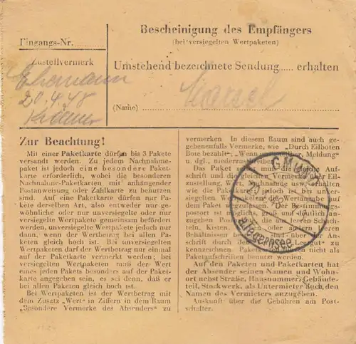 Paketkarte 1948: Bad Schwalbach nach Ostin b. Gmund, Wertkarte