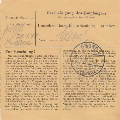 Paketkarte 1948: Bad Schwalbach nach Ostin bei Gmund am Tegernsee
