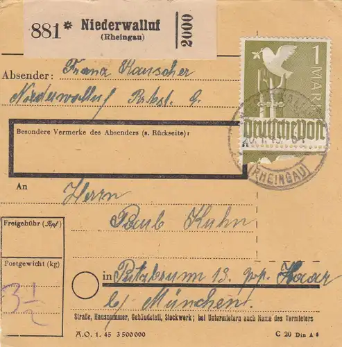 Paketkarte 1948: Niederwalluf /Rheingau nach Putzbrunn