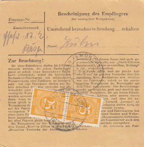 Paketkarte 1948: Niederwalluf /Rheingau nach Putzbrunn