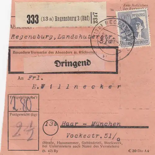 Paketkarte 1948: Regensburg 3 nach Haar-München, Dringend