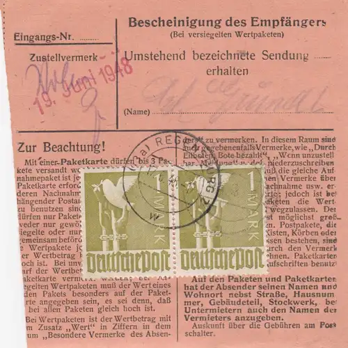 Carte de paquet 1948: Ratisbonne 3 par cheveu, urgent
