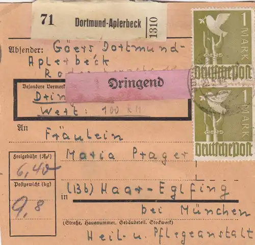 Paketkarte 1948: Dortmund-Aplerbeck nach Haar, dringend, Wertkarte
