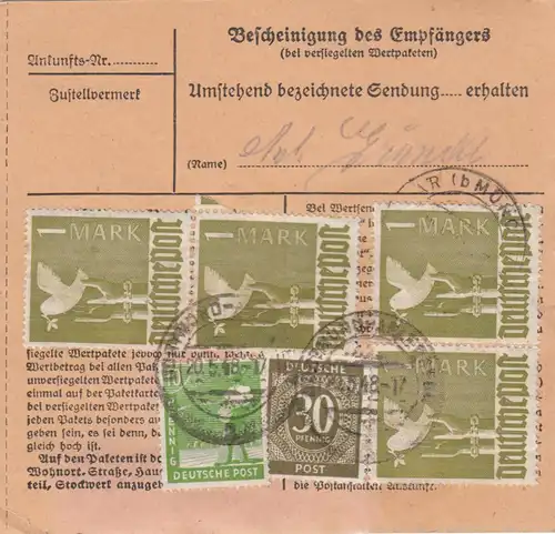 Paketkarte 1948: Dortmund-Aplerbeck nach Haar, dringend, Wertkarte