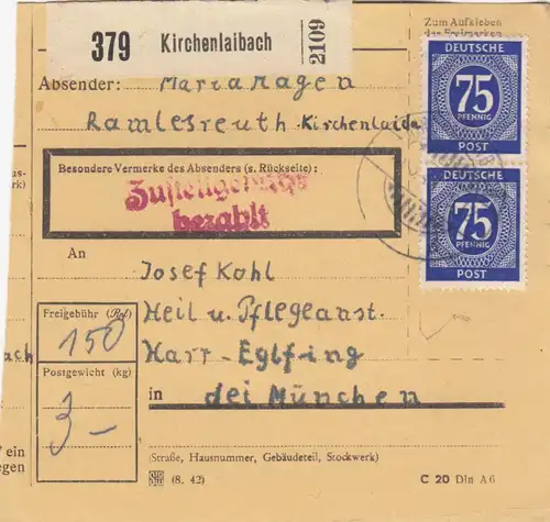 Carte de paquet 1948: Kirchenlaibach après Haar-Eglfing