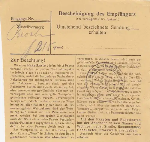 Paketkarte 1948: Kirchenlaibach nach Haar-Eglfing