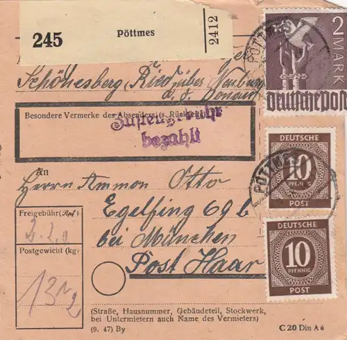 Paketkarte 1948: Pöttmes Schönesberg Ried nach Eglfing