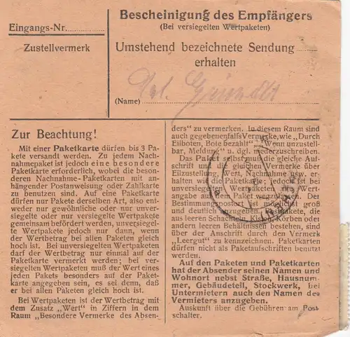 Carte de paquet 1948: Pöttmes Schönesberg Ried a Eglfing