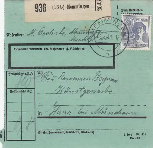 Paketkarte 1948: Memmingen nach Haar, Kunstgewerbe, bes. Formular