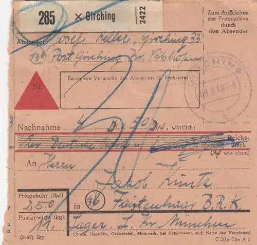 BiZone Paketkarte 1948: Girching nach Faistenhaar, Nachnahme