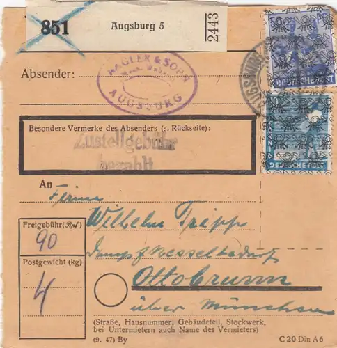 Carte de paquet BiZone 1948: Augsburg 5 vers Ottobrunn via Munich