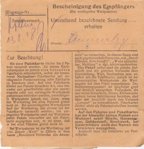 Carte de paquet BiZone 1948: Augsburg 5 vers Ottobrunn via Munich