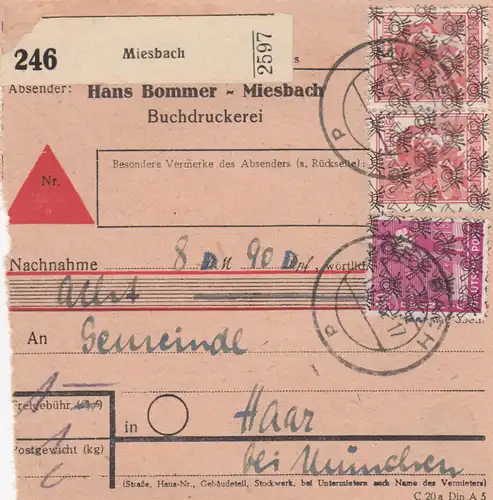 BiZone Paketkarte 1948: Miesbach nach Haar, Selbstbucher, Nachnahme