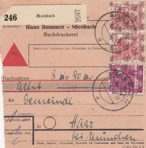 Carte de paquet BiZone 1948: Miesbach après les cheveux, auto-réservation, remboursement