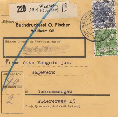 BiZone Paketkarte 1948: Weilheim nach Oberammergau, Selbstbucher, Sägewerk