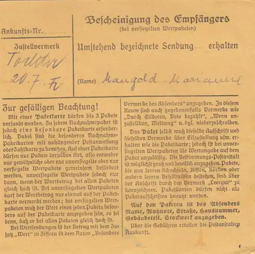 Carte de paquet BiZone 1948: Weilheim vers Oberammergau, Auto-booker, Scierie