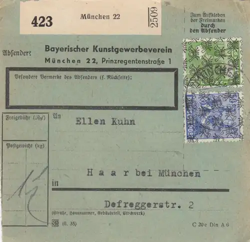 Paketkarte 1948: München, Kunstgewerbeverein / Haar, bes. Formular, Selbstbucher