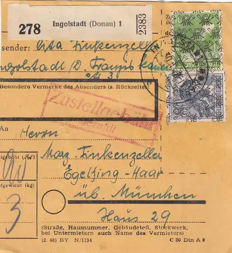 BiZone Paketkarte 1948: Ingolstadt (Donau) nach Eglfing über München