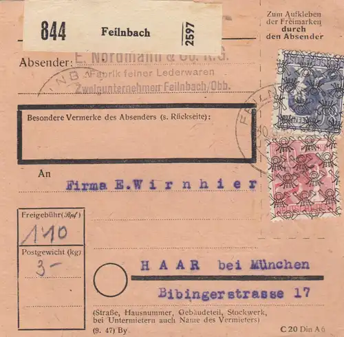 BiZone Paketkarte 1948: Feilnbach, Nordmann KG - Lederwaren -, nach Haar