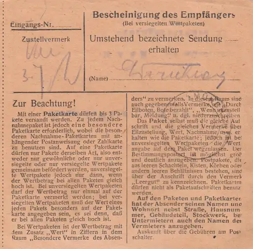 Carte de paquet BiZone 1948: Feilnbach, Nordmann KG - articles en cuir -, selon les cheveux