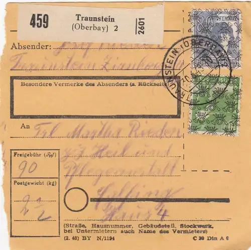 BiZone Paketkarte 1948: Traunstein nach Eglfing, Heilanstalt