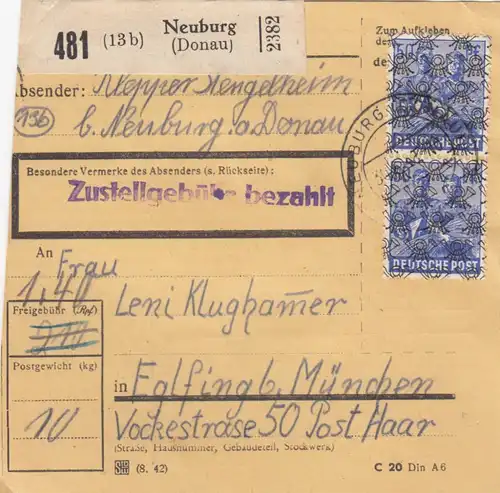 Carte de paquet BiZone 1948: Neuburg a. Donau a Eglfing