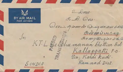 Malaisie 1950: air mail Klang to Kalluppatti/Karai Kudi/Ramnad Dist. Inde