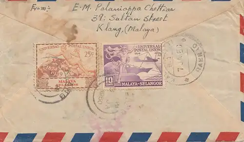Malaisie 1950: air mail Klang to Kalluppatti/Karai Kudi/Ramnad Dist. Inde