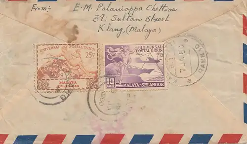 Malaysia 1950: air mail Klang to Kalluppatti/Karai Kudi/Ramnad Distr. Indien