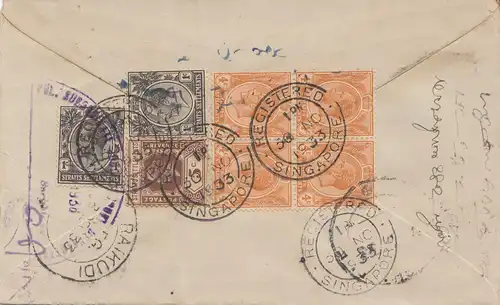 Singapore: 1933: Registered letter to Karaikudi/Ramnad Distr. India