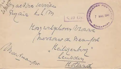 Singapore: 1946: Nederlands post office - 10 Gr. to Heiligenberg/Leusden/Holland