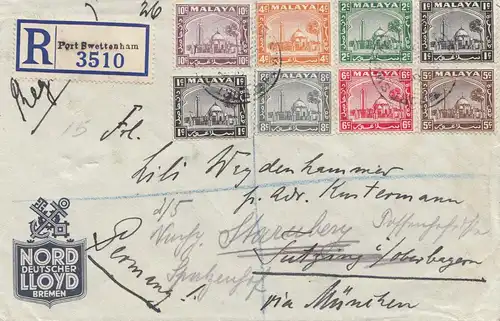 Malaisie: 1937: Registered Porto Swettenham to Tutzing, Transfer Starnberg